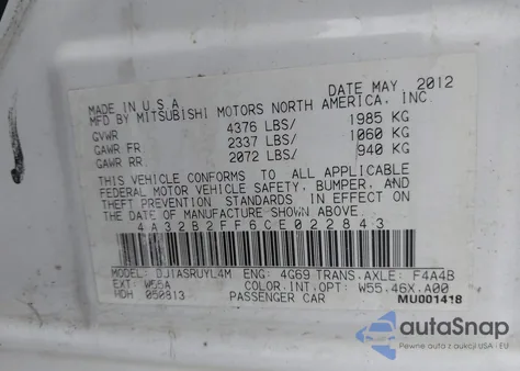 2012 Mitsubishi Galant Fe z USA, uszkodzony, nr VIN 4A32B2FF6CE022843